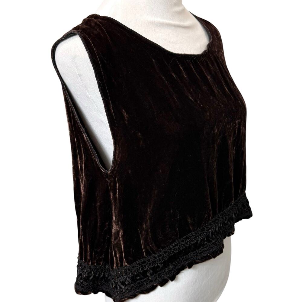VTG 100% Silk Velvet Lace Trim Boho Y2K Crop Top Dark Brown Sleeveless Festival